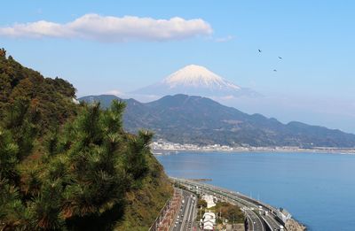 Panoramic view of sea and mountains against sky