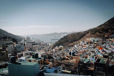 High angle shot of townscape against sky