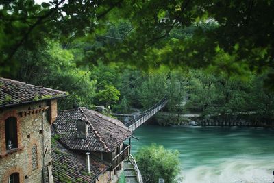 Scenic view of river amidst trees and house in forest