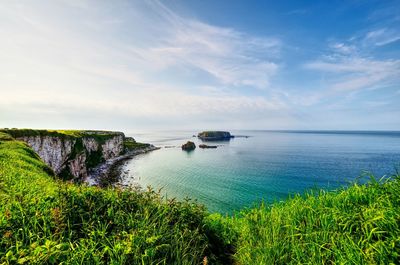 Scenic view of bay against sky