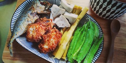 High angle view of meat in plate on table