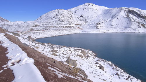 Scenic view of snowcapped mountains against clear sky