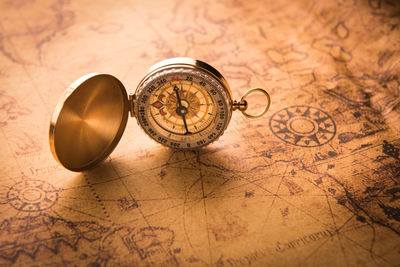 Close-up of navigational compass on map