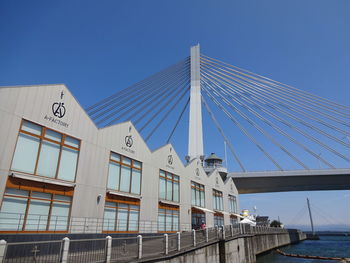 Low angle view of modern buildings against clear blue sky