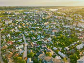 High angle view of tree and buildings in town