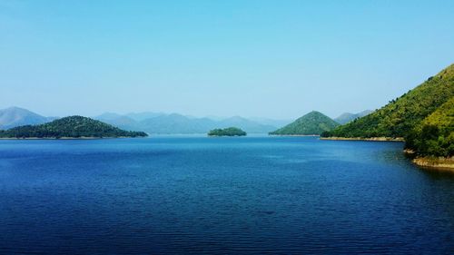 Scenic view of sea against clear blue sky