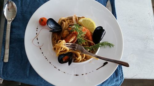 High angle view of food in plate on table