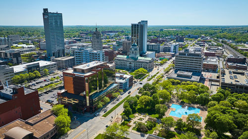 High angle view of buildings in city