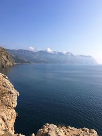 Scenic view of sea and mountains against sky