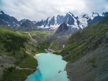 Scenic view of snow covered mountains against sky