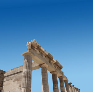 Low angle view of temple against clear blue sky