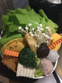 High angle view of chopped mushrooms in plate