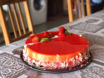 Close-up of strawberry cake on table