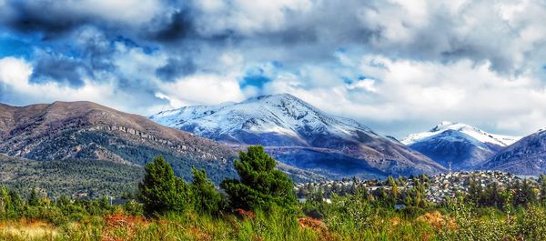 Scenic view of snowcapped mountains against sky