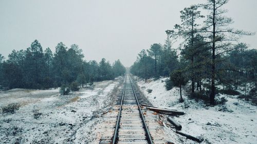 Railroad tracks amidst trees against clear sky during winter