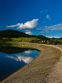 Scenic view of lake against blue sky