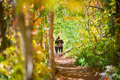 Rear view of friends standing on footpath amidst trees on field