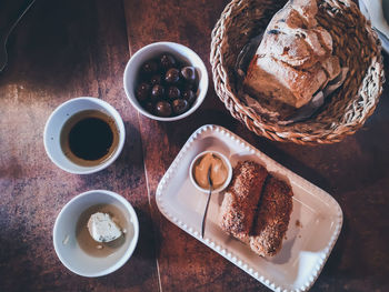 High angle view of breakfast served on table