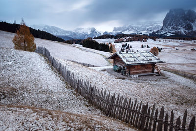 Snow covered landscape against sky