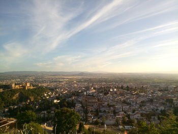 High angle view of buildings in city against sky