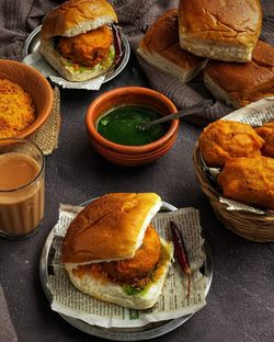 High angle view of breakfast served on table