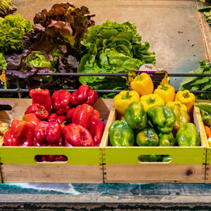 Vegetables in crate at market stall