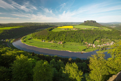 Scenic view of agricultural field against sky