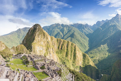 High angle view of machu picchu and mountains