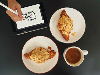 High angle view of breakfast served on table