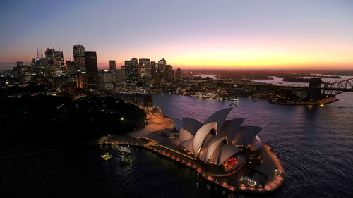 High angle view of illuminated cityscape at sunset,sydney,australia
