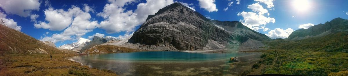 Panoramic view of lake and mountains against sky