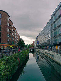 Bridge over canal amidst buildings in city against sky