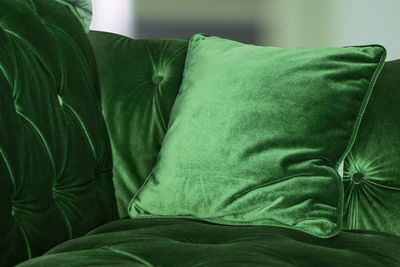 Green velvet sofa with cushion at home