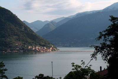 Scenic view of lake and mountains against sky