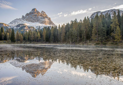 Autumn landscape in dolomites italy with the tre cime mountain