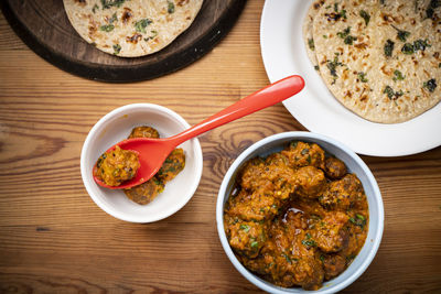 High angle view of food served on table