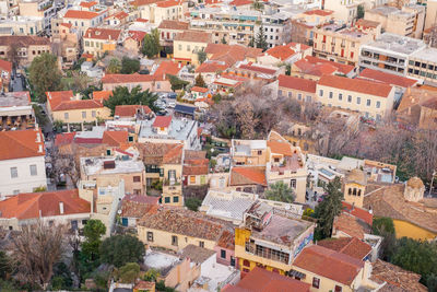 Aerial view of preserved historic buildings in the plaka neighborhood of athens, greece