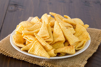 High angle view of pasta in plate on table