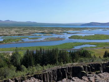 Scenic view of lake against clear sky