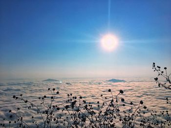 Scenic view of snow covered landscape against bright sun