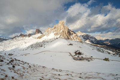 Scenic view of snow covered mountains against sky