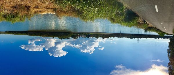 Reflection of trees in lake against blue sky