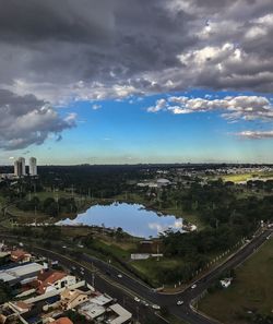 Aerial view of city against sky
