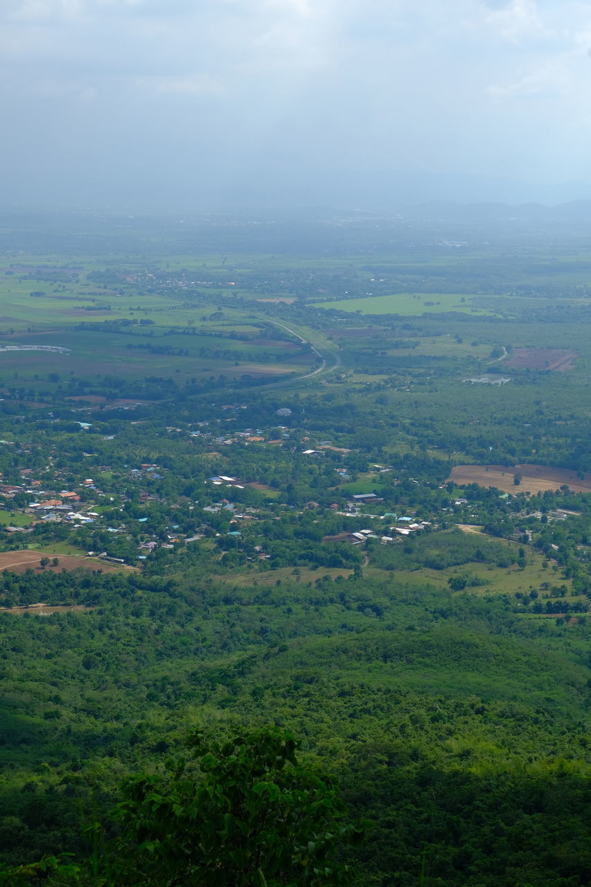 HIGH ANGLE VIEW OF AGRICULTURAL LANDSCAPE AGAINST SKY