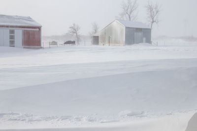 Snow covered houses by building against sky