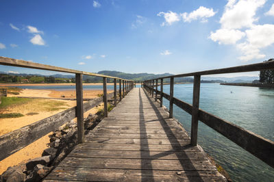 Wooden bridge over water against sky