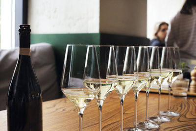 Close-up of champagne flute on table