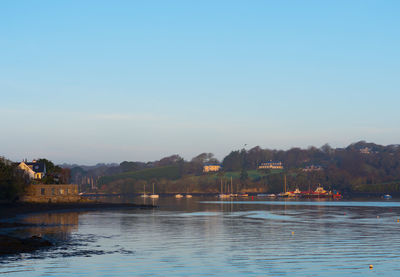 Scenic view of lake against clear blue sky