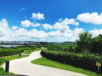 Road amidst plants and trees against sky