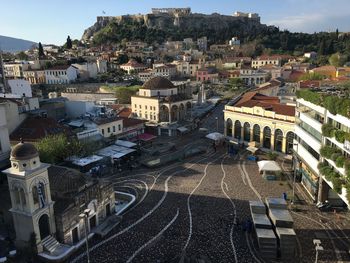 High angle view of street amidst buildings in town